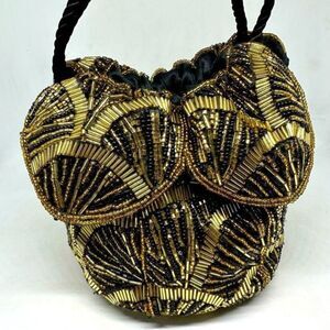 Vintage Beaded Tulip Bag Shoulder Crossbody Black & Gold Bling Drawstring